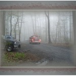 Vintage Fire Truck Emerging Through the Fog